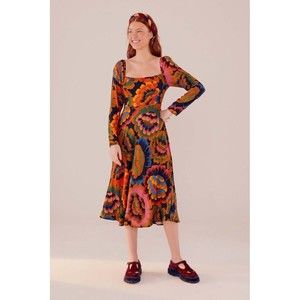 Farm Rio Colorful Flower Midi Dress S M Long Sleeve Smock Floral Bead Squareneck